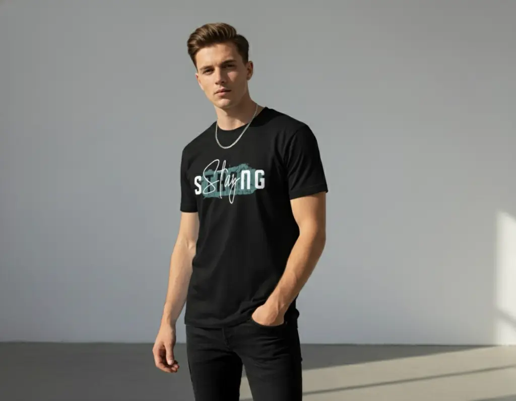 STAY STRONG MEN TSHIRT SIDE POSE1.webp