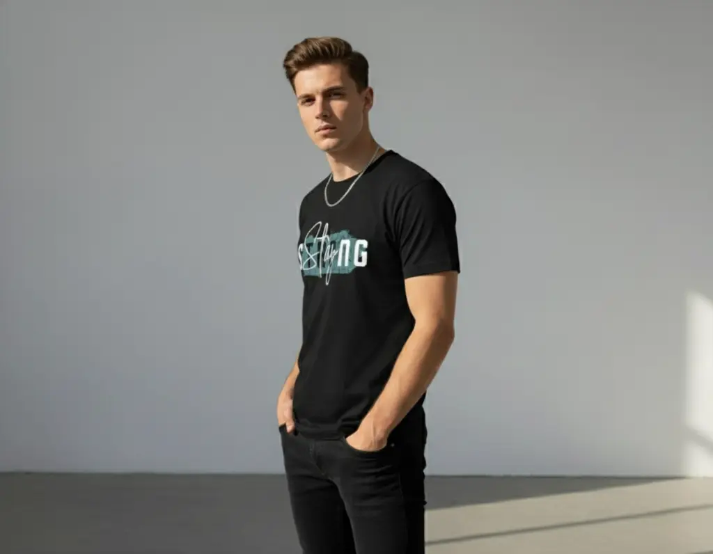 STAY STRONG MEN TSHIRT SIDE POSE 2.webp