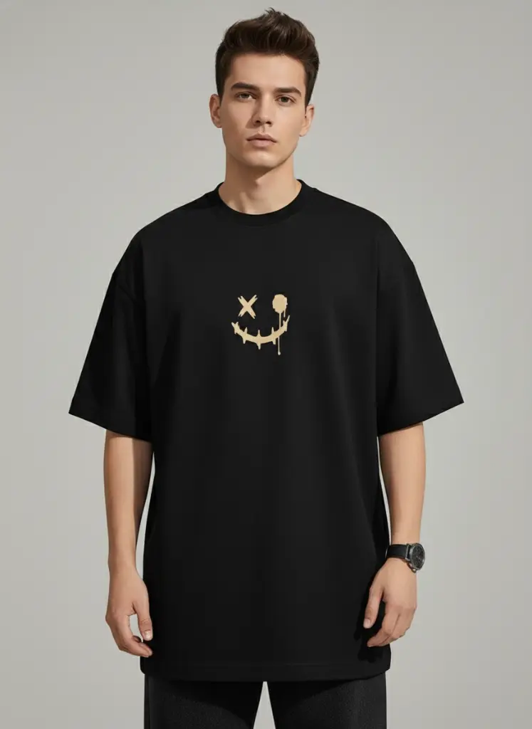 Oversized Smiley Streetwear T-Shirt – Black (200 GSM Pure Cotton)