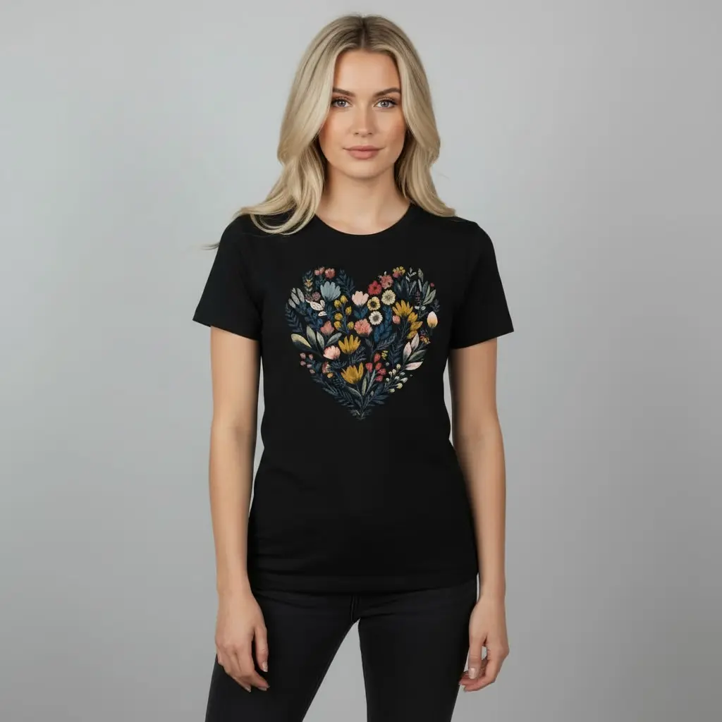 [FLORAL-HEART-M] Floral Heart T-Shirt (Black | 180 GSM Pure Cotton) (M)