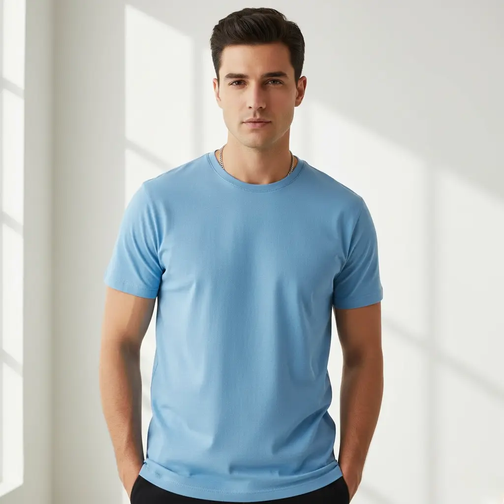 [SKYBLUE-180-M] Sky Blue Regular Fit T-Shirt (180 GSM | Pure Cotton | Bio-Washed) (M)