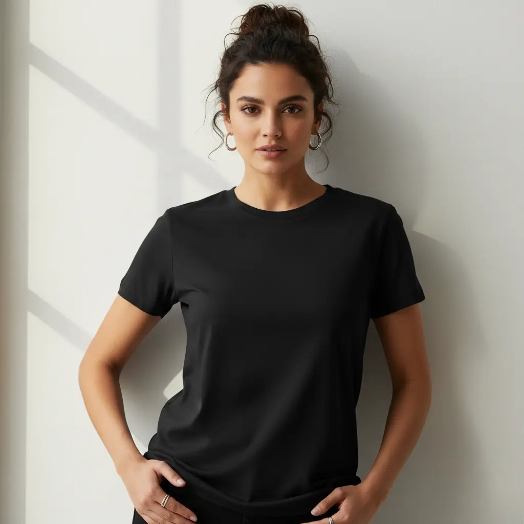 [BLACK-F-180-M] Women’s Black Regular Fit T-Shirt (180 GSM | Pure Cotton | Bio-Washed) (M)