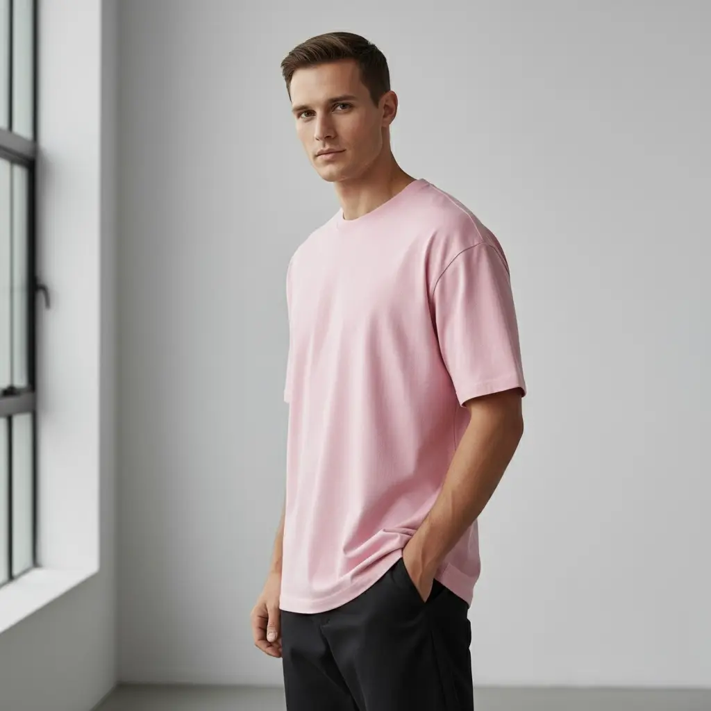 [200-PINK-M] Men’s Pink Oversized T-Shirt (200 GSM | Pure Cotton | Bio-Washed) (M)