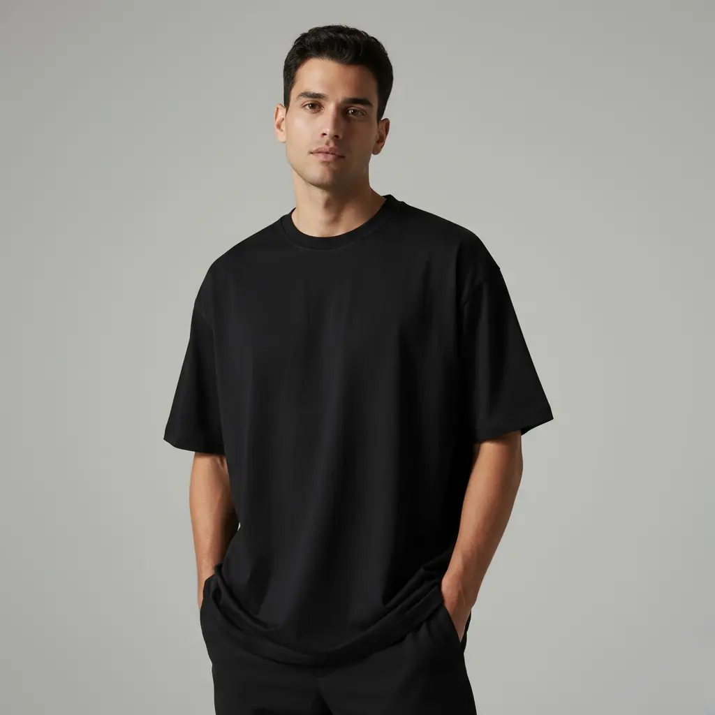 [M-BLACK-200-M] Men's Black Oversized T-Shirt (200 GSM | Pure Cotton | Bio- Washed) (M)