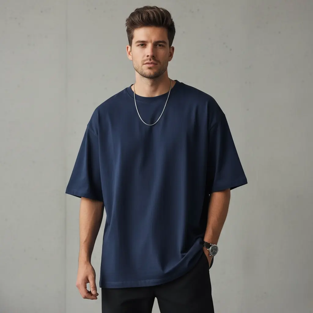 [M-DARKBLUE-200-M] Men's Dark Blue Oversized T-Shirt (200 GSM | Pure Cotton | Bio- Washed)  (M)