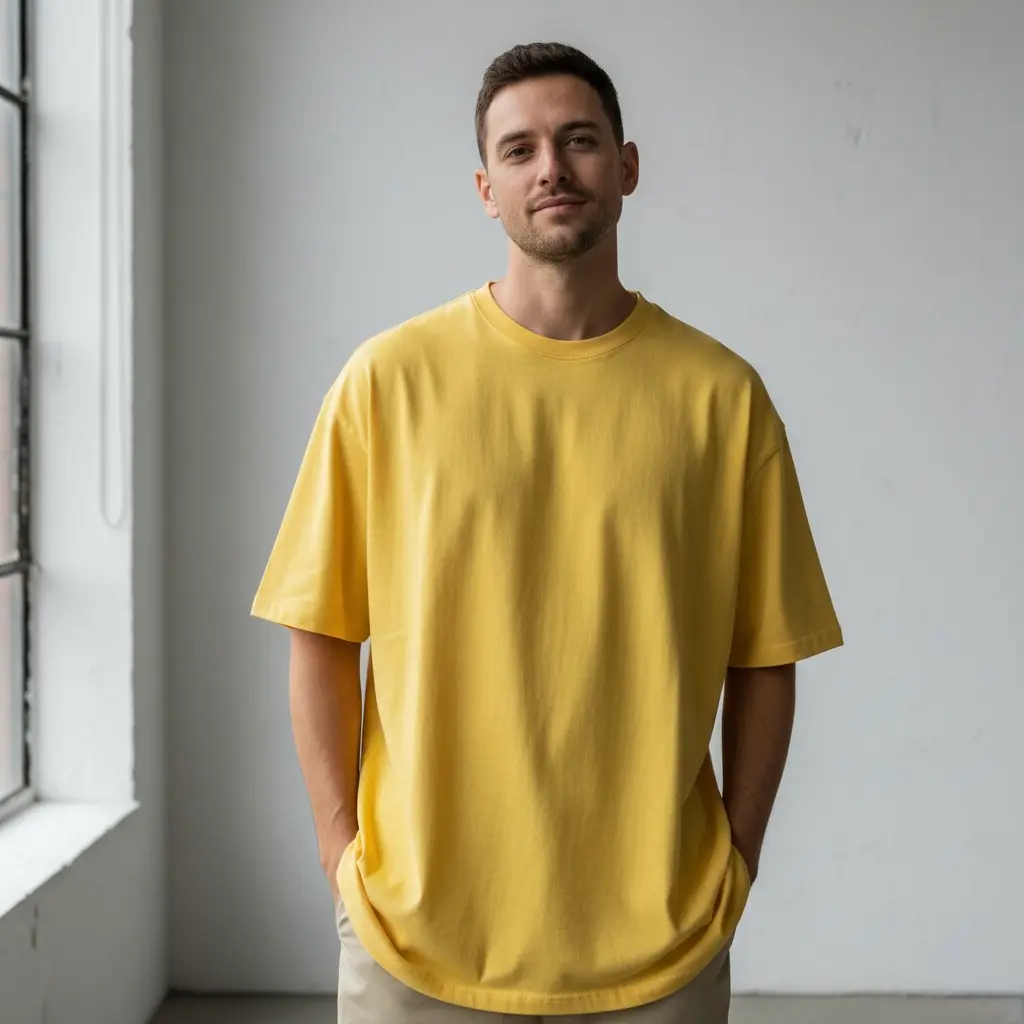 [M-YELLOW-200-M] Men's Yellow Oversized T-Shirt (200 GSM | Pure Cotton | Bio- Washed) (M)