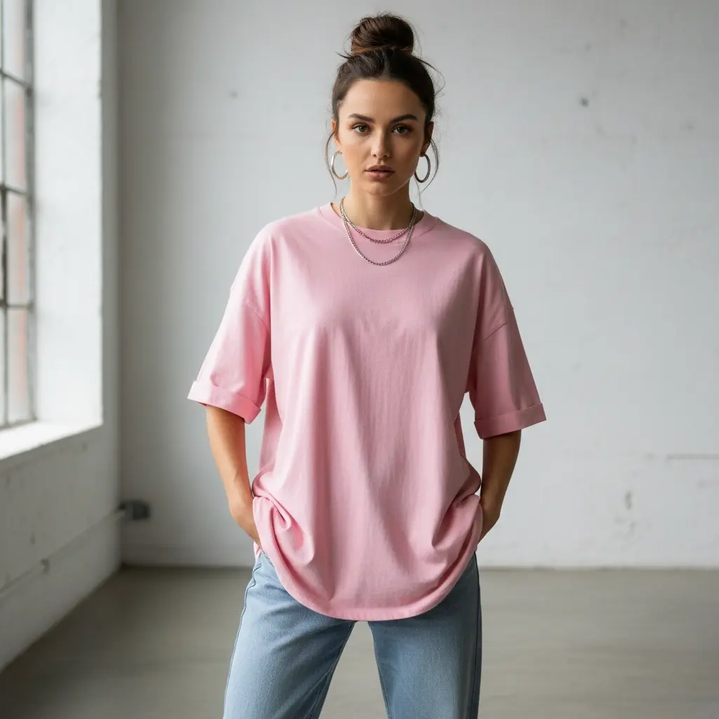 [W-PINK-200-M] Oversized 200 GSM Pure Cotton Bio-Washed T-Shirt (Regular Fit) (M)