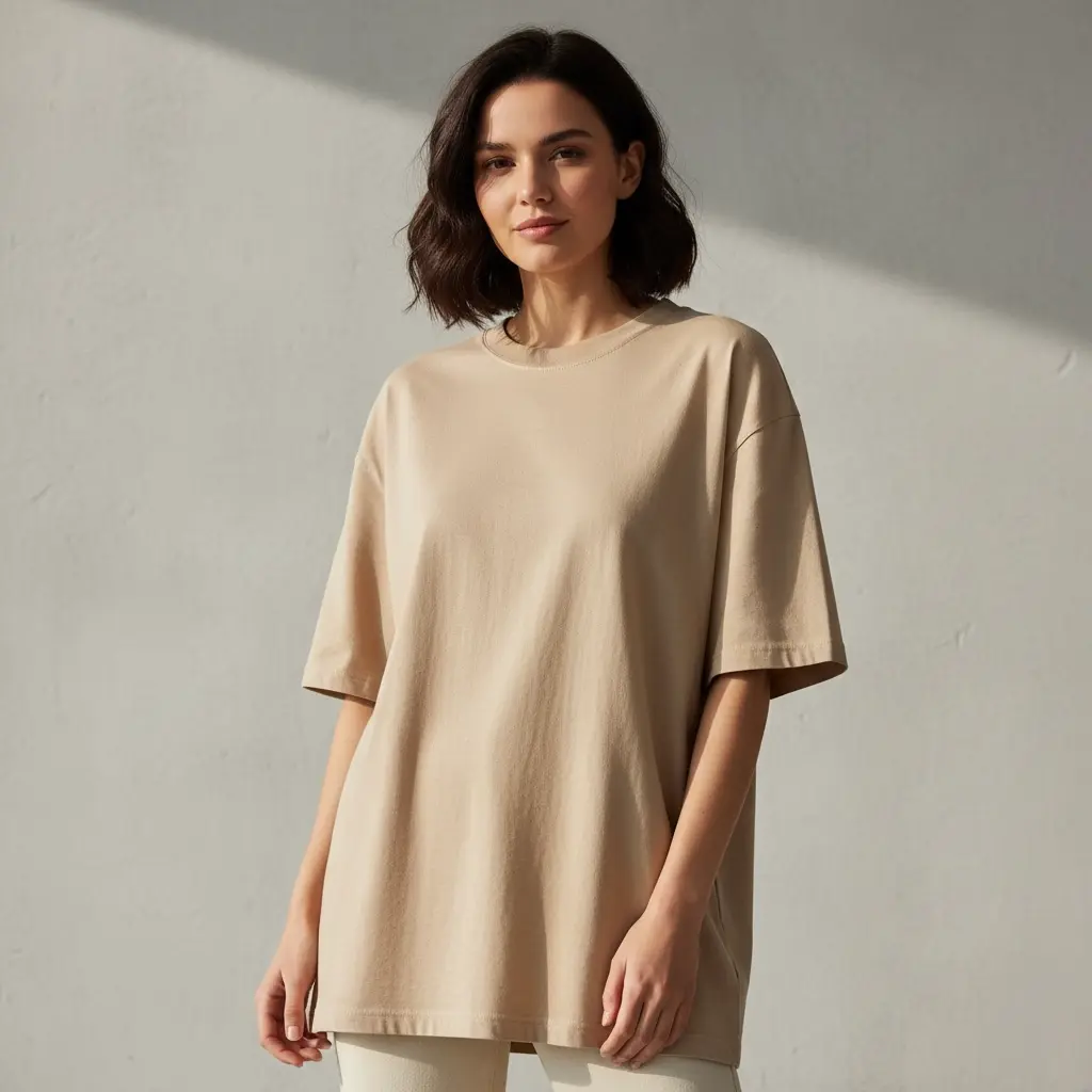 [W-BEIGE-200-M] 200 GSM Oversized Pure Cotton Bio-Washed T-Shirt (Regular Fit) (M)