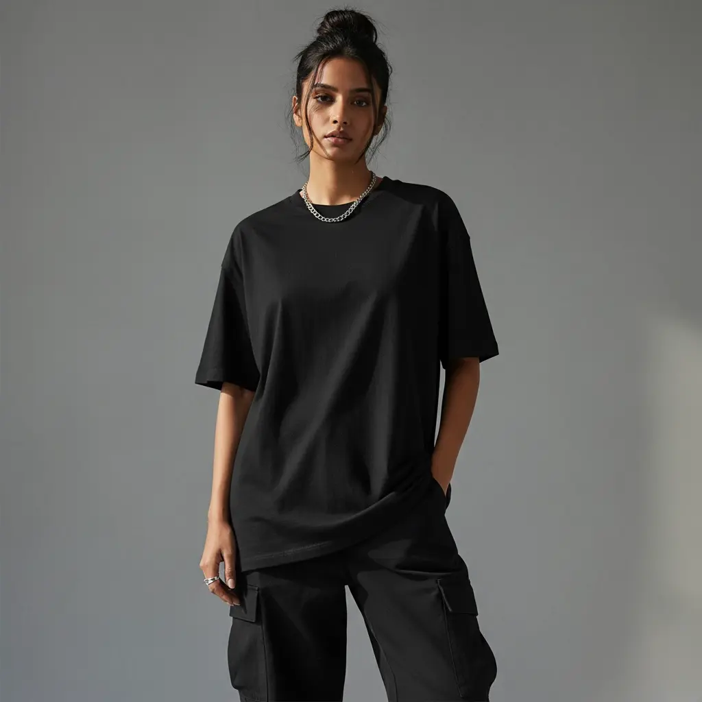 [W-BLACK-200-M] 200 GSM Oversized Pure Cotton Bio-Washed T-Shirt (Regular Fit) (M)