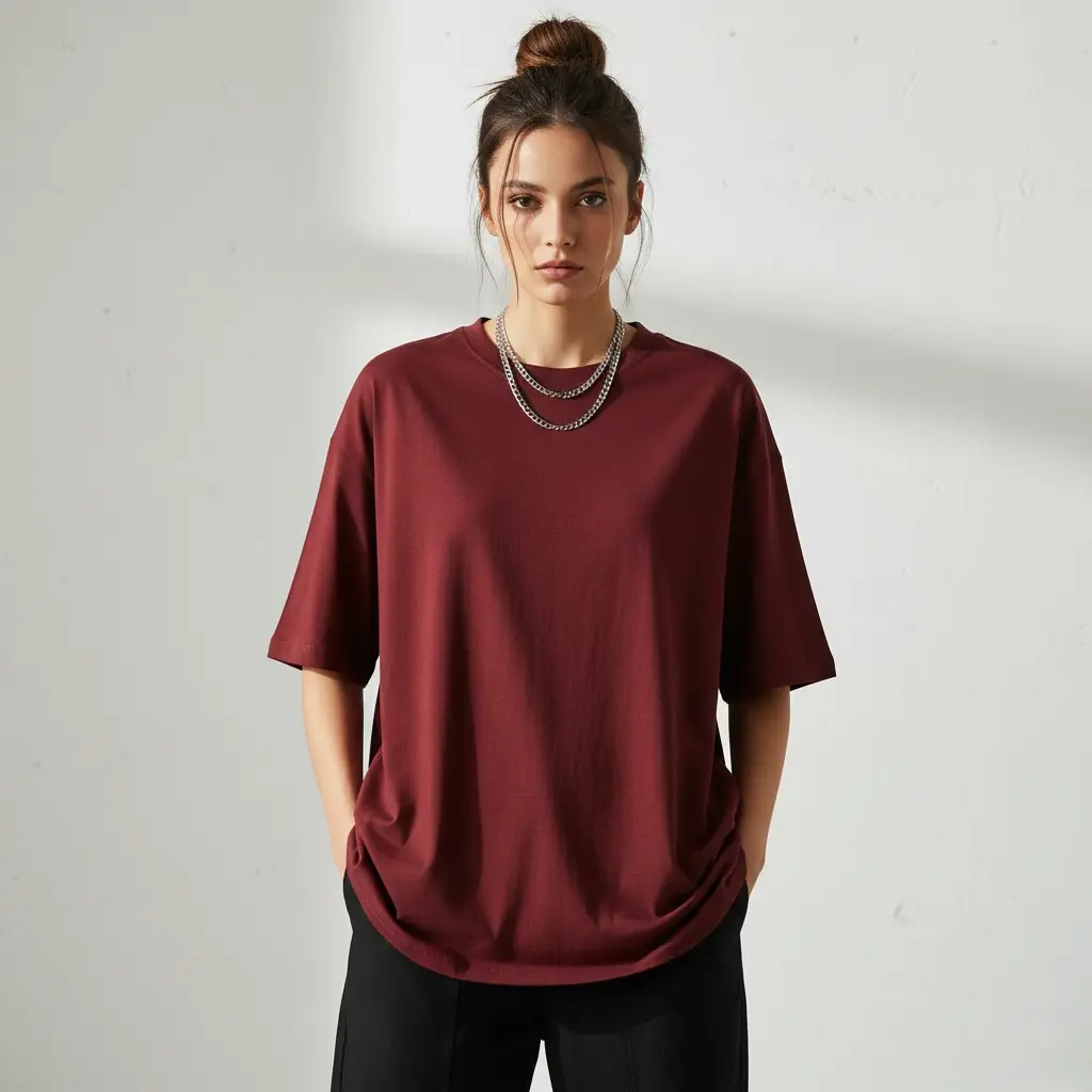 [W-MAROON-200-M] 200 GSM Oversized Pure Cotton Bio-Washed T-Shirt (Regular Fit) (M)