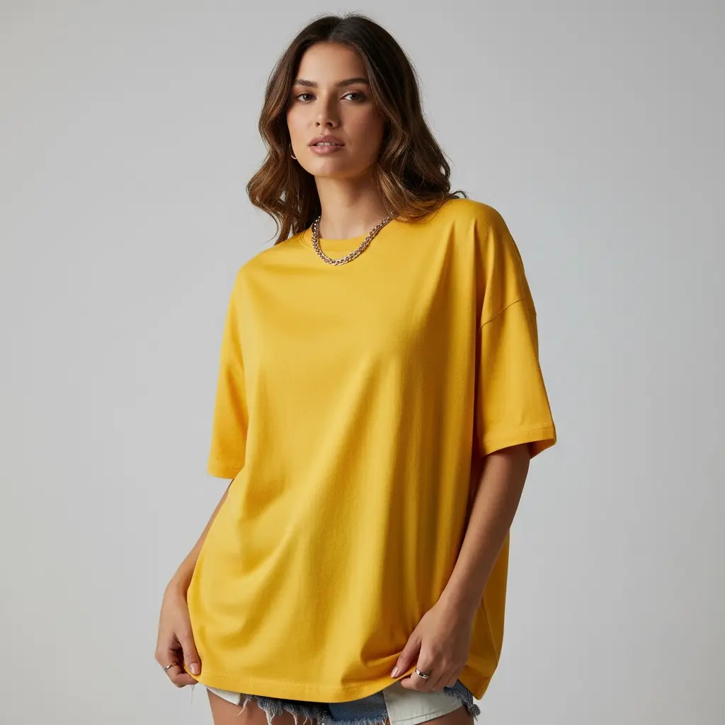 [W-YELLOW-200-M] 200 GSM Oversized Pure Cotton Bio-Washed T-Shirt  (M)
