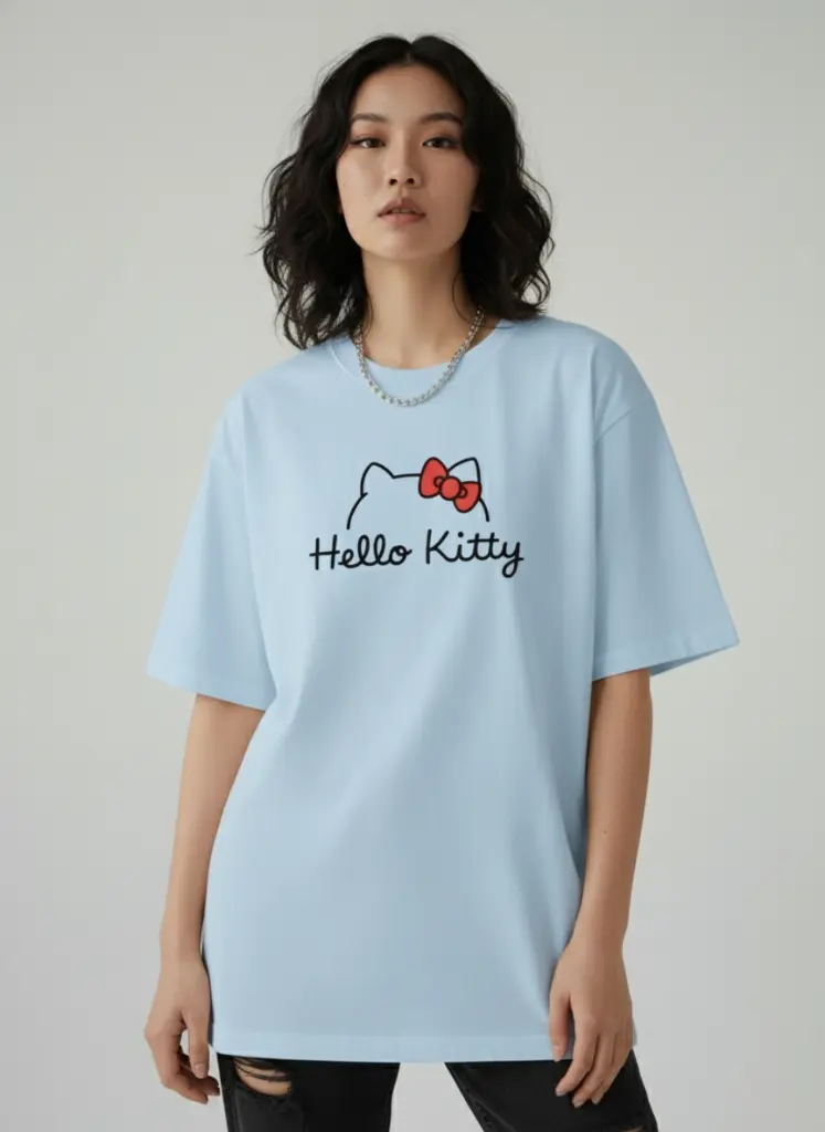 Hello Kitty Oversized T-Shirt (Sky Blue | 200 GSM Pure Cotton)