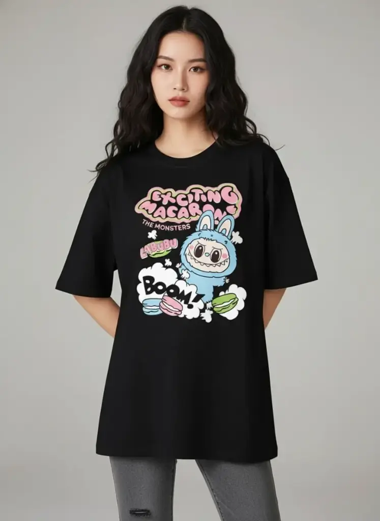 Exciting Macaron Oversized T-Shirt (Black | 200 GSM Pure Cotton Bio-Washed)